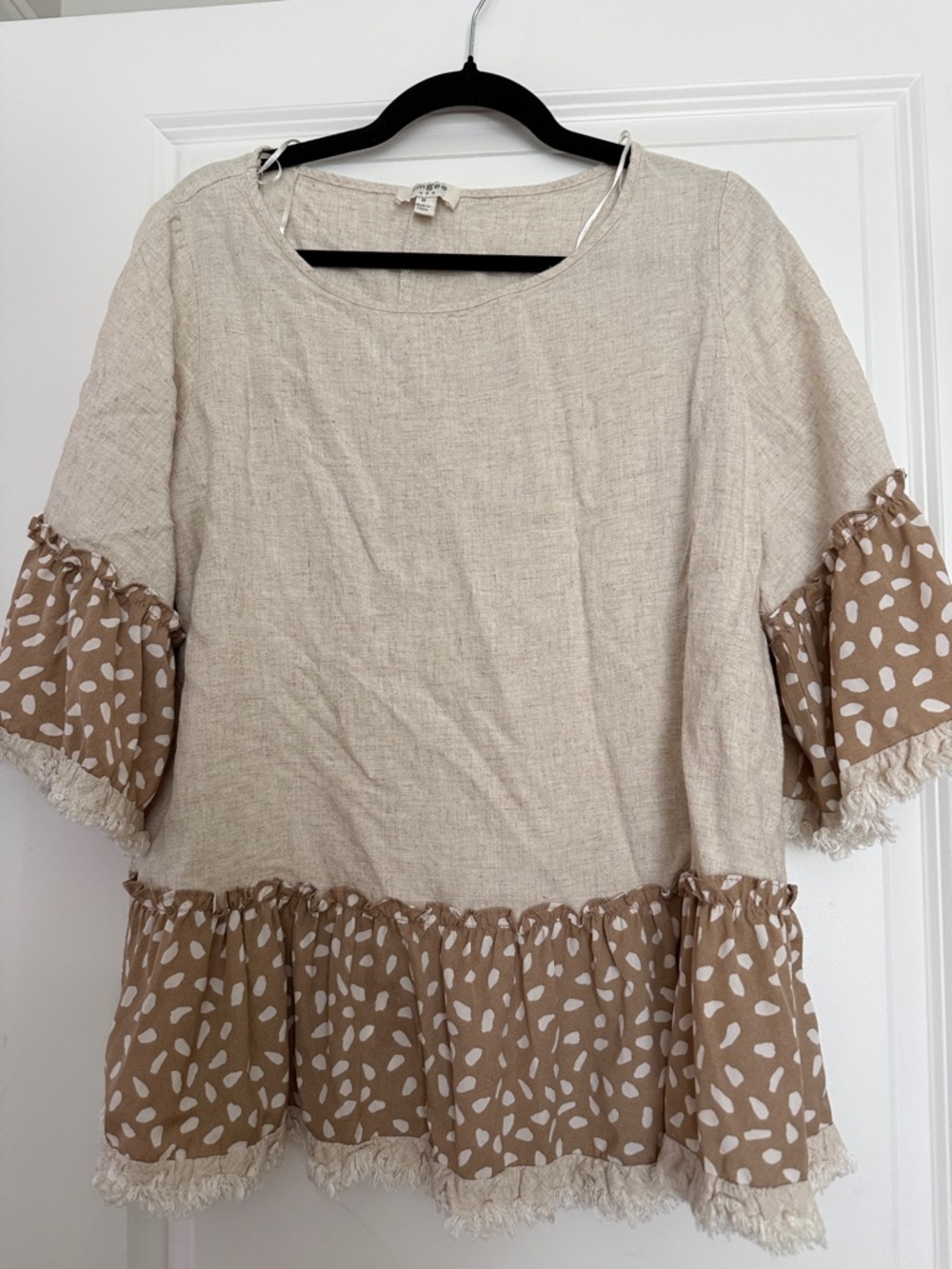 Umgee Beige Cream Peasant Blouse with Printed Ruffle Trim